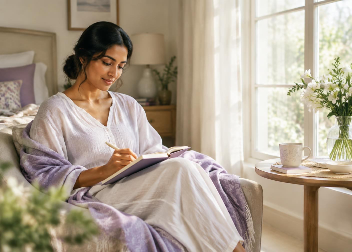 ಬೆಳಗಿನ ಬೆಳಕಿನಲ್ಲಿ ಶಾಂತವಾಗಿ ಬರೆಯುತ್ತಿರುವ ಮಹಿಳೆ